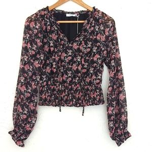 Lush Black Floral Elastic Waist Bohemian Long Sleeve Pull On Top